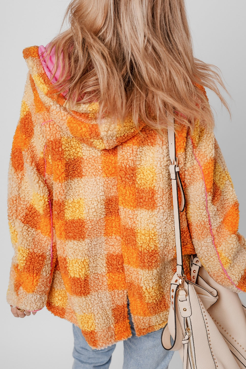 Checkered long sleeve sherpa hooded jacket.