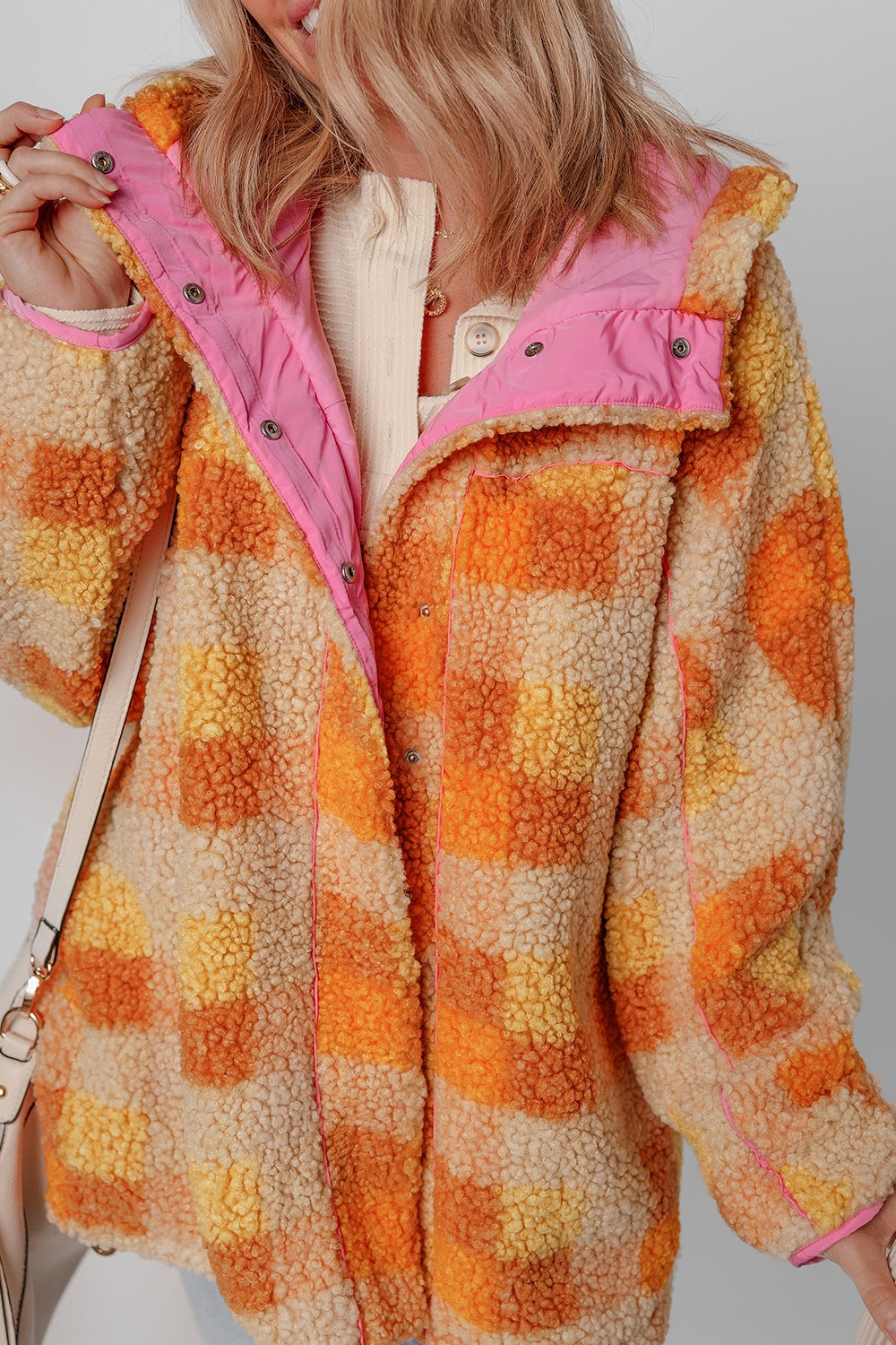 Checkered long sleeve sherpa hooded jacket.