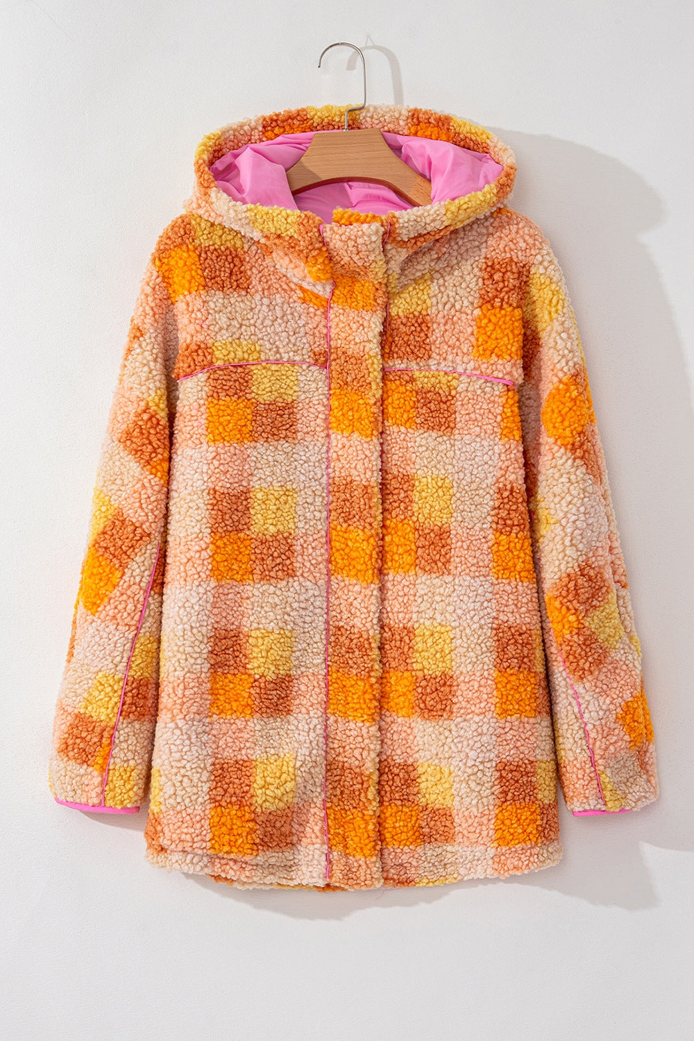 Checkered long sleeve sherpa hooded jacket.