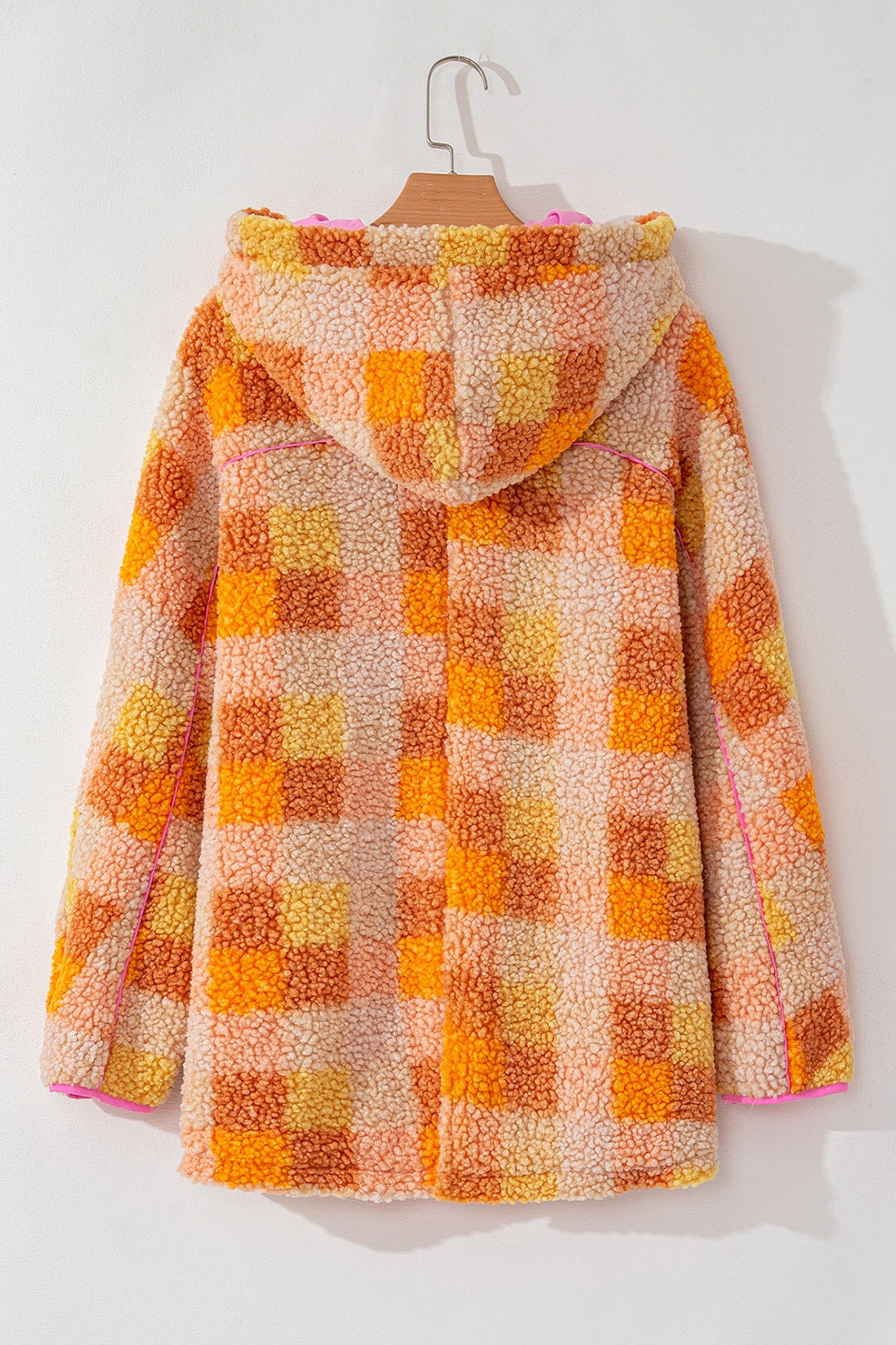 Checkered long sleeve sherpa hooded jacket.
