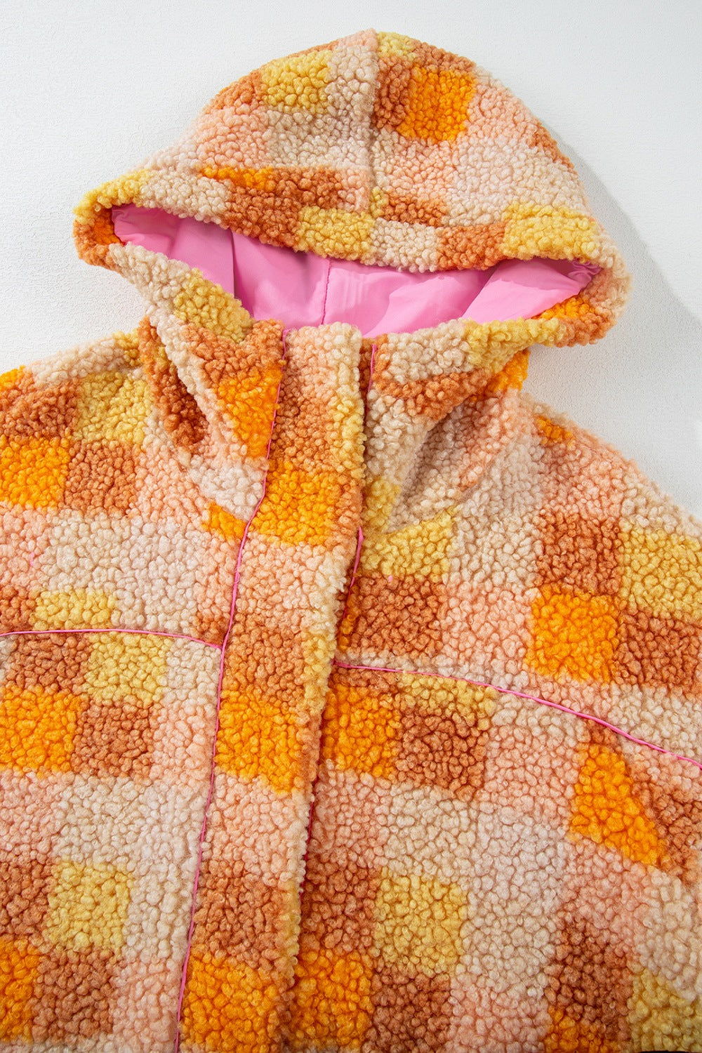Checkered long sleeve sherpa hooded jacket.