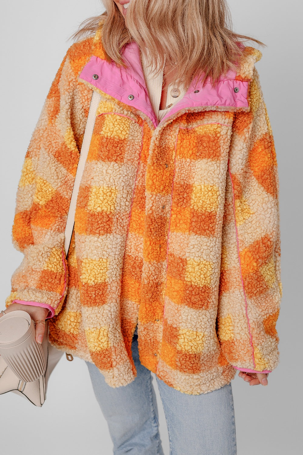 Checkered long sleeve sherpa hooded jacket.