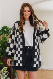 Checkered open front drop shoulder cardigan with ribbed details.
