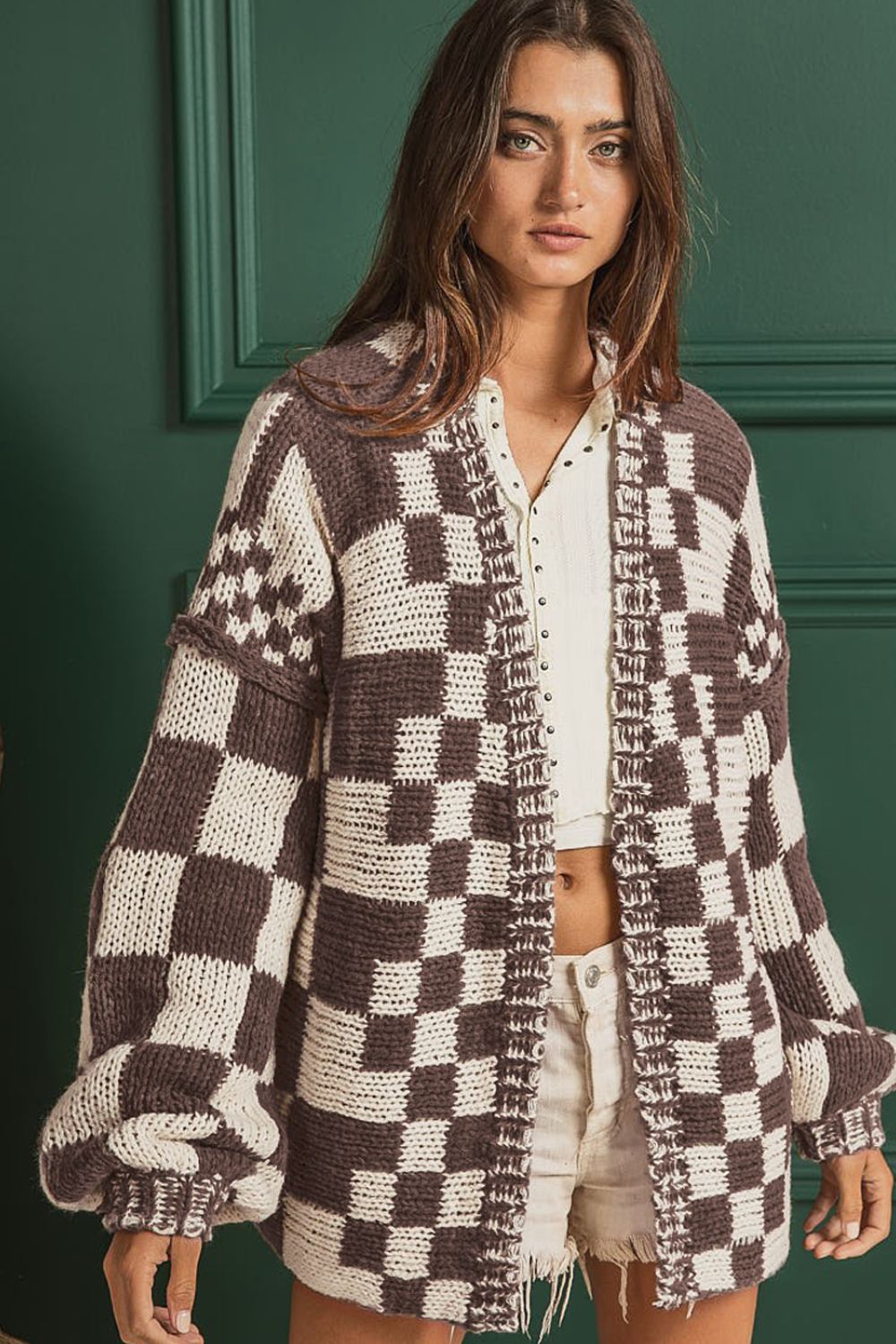 Checkered open front long sleeve cardigan.