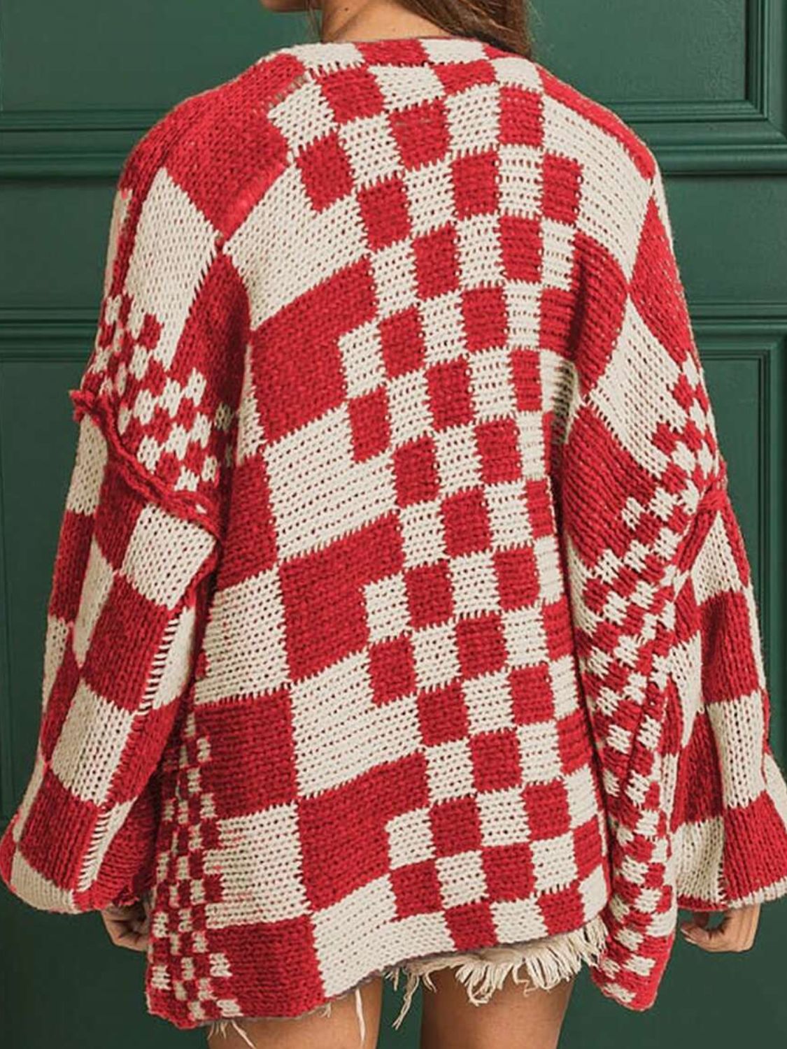Checkered open front long sleeve cardigan.