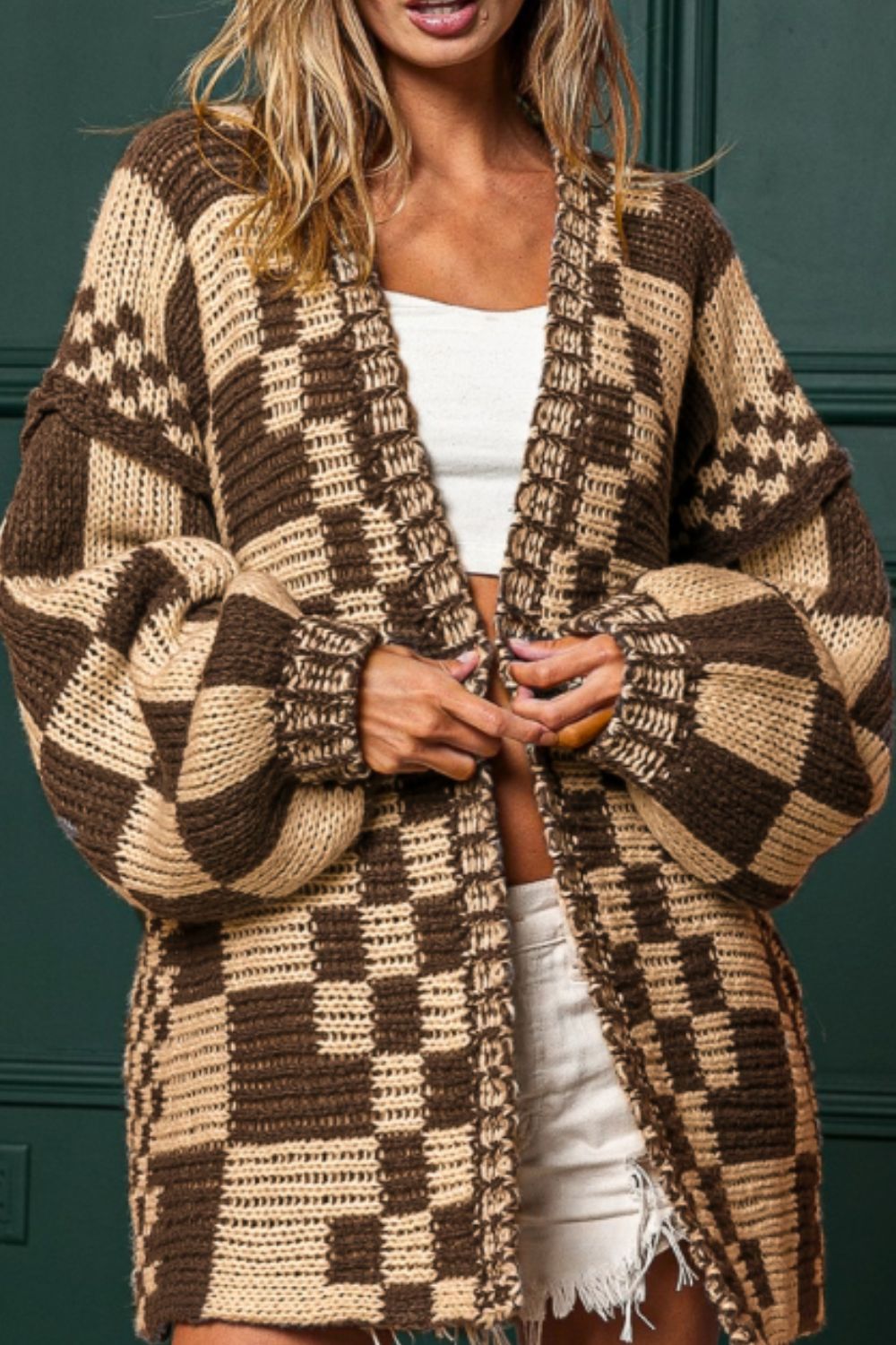 Checkered open front long sleeve cardigan.