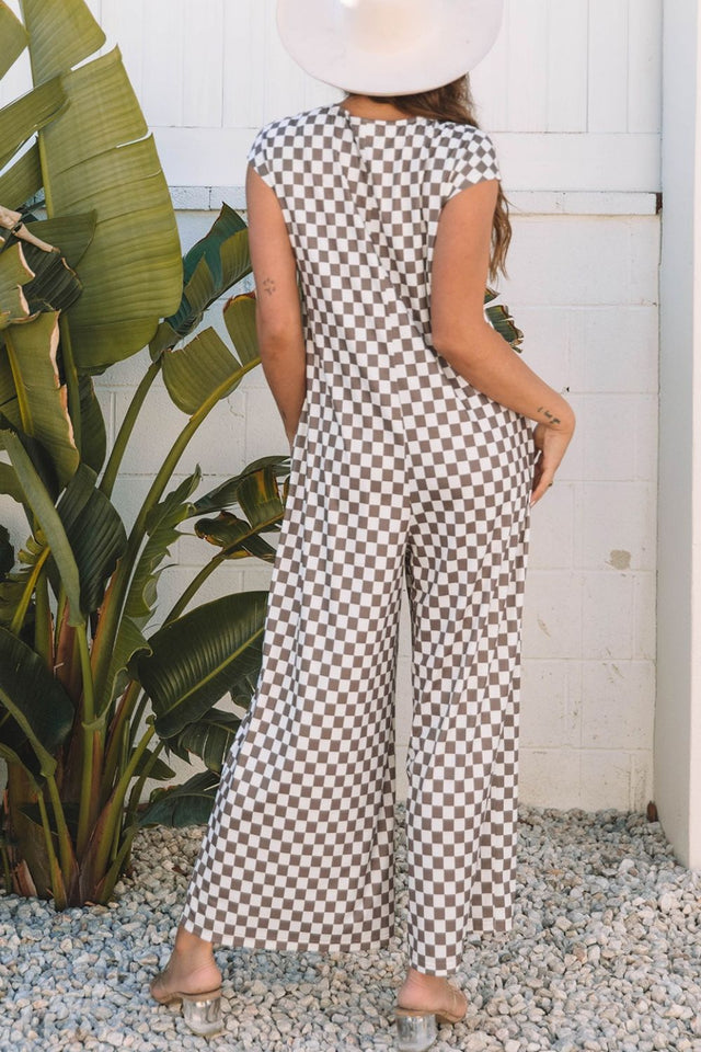 Checkered Print Crew Neck Wide Leg Jumpsuit with Buttons.