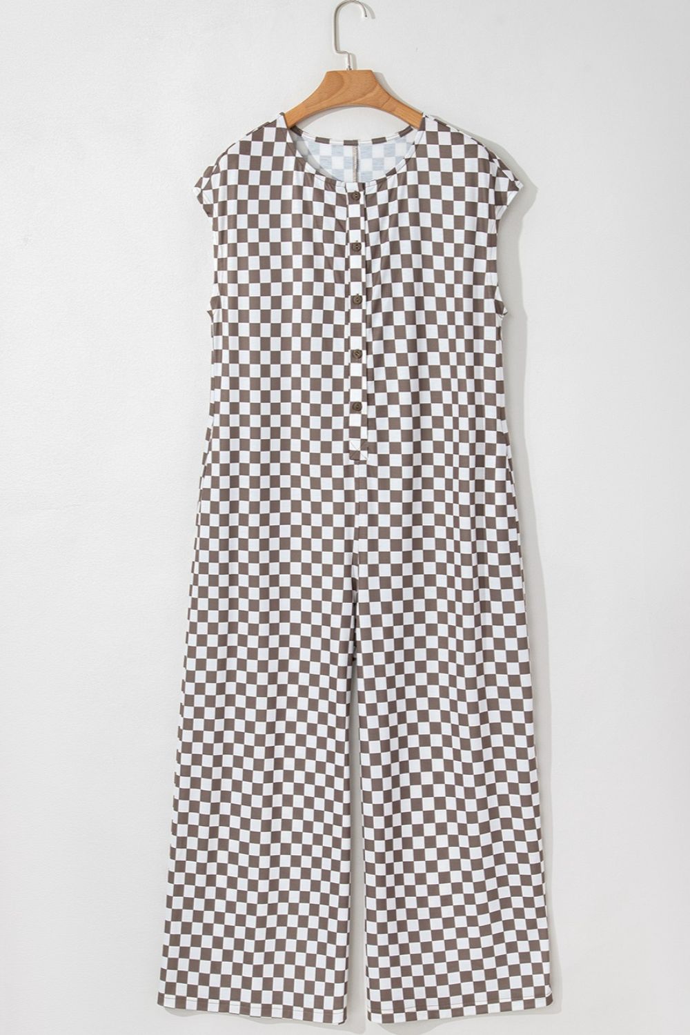 Checkered Print Crew Neck Wide Leg Jumpsuit with Buttons.