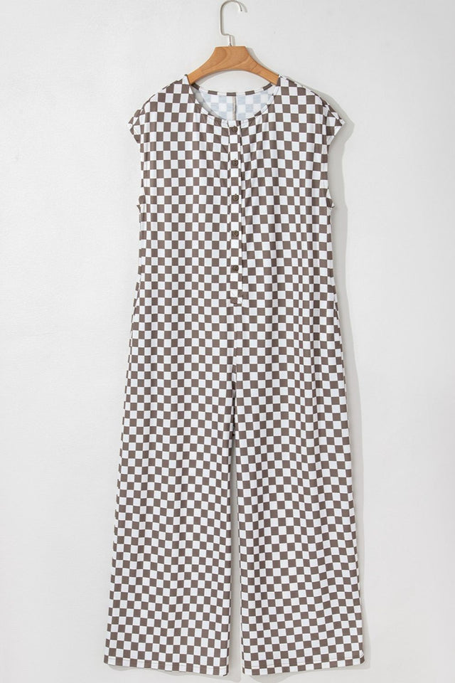 Checkered Print Crew Neck Wide Leg Jumpsuit with Buttons.