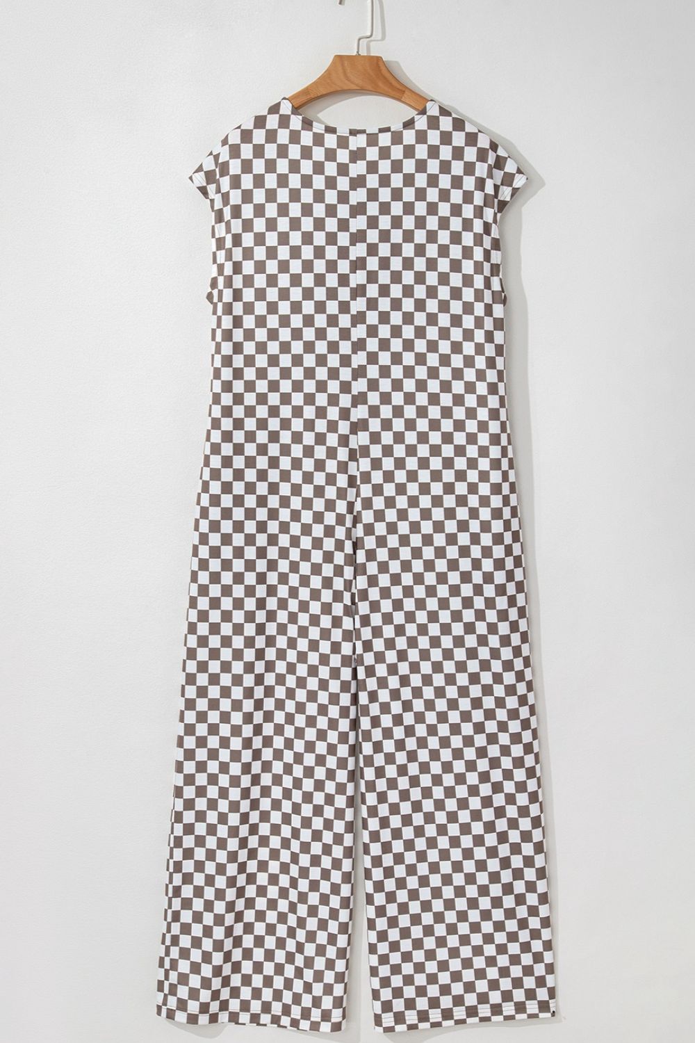 Checkered Print Crew Neck Wide Leg Jumpsuit with Buttons.
