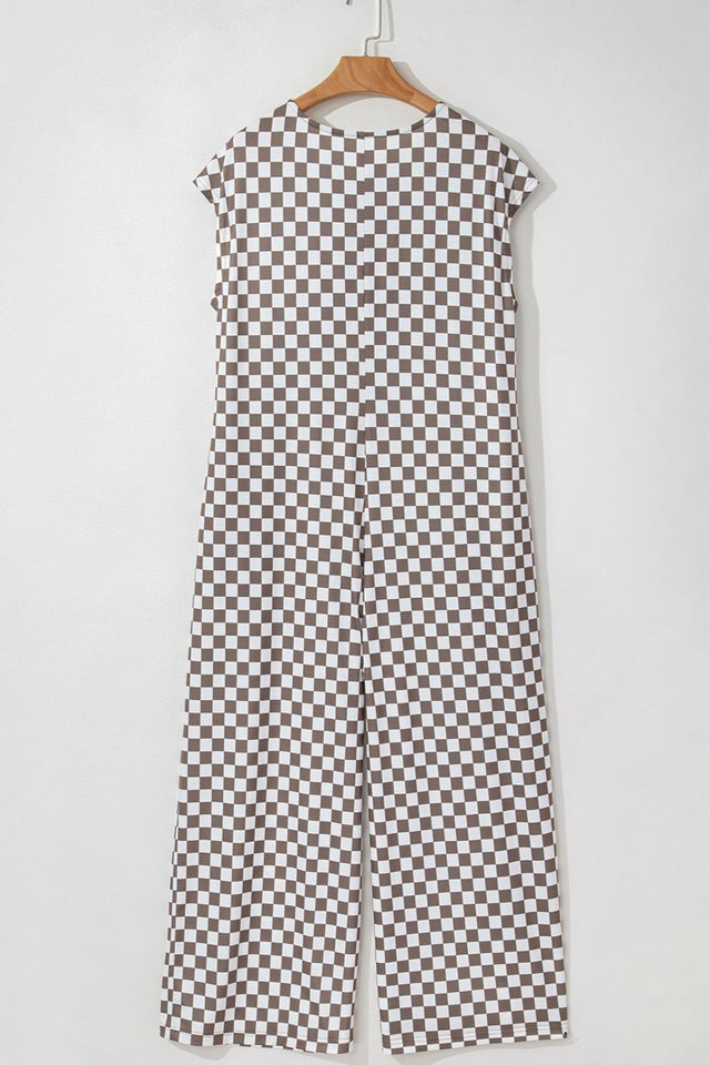Checkered Print Crew Neck Wide Leg Jumpsuit with Buttons.