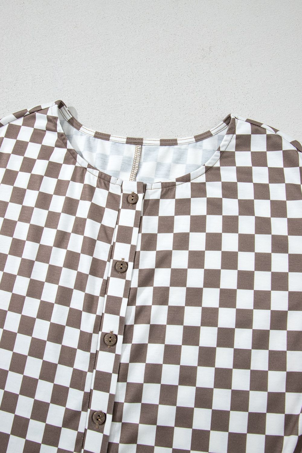 Checkered Print Crew Neck Wide Leg Jumpsuit with Buttons.