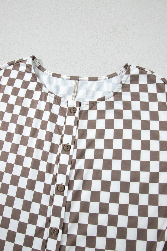 Checkered Print Crew Neck Wide Leg Jumpsuit with Buttons.