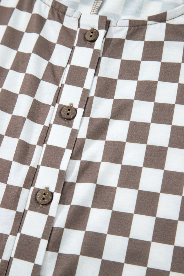 Checkered Print Crew Neck Wide Leg Jumpsuit with Buttons.