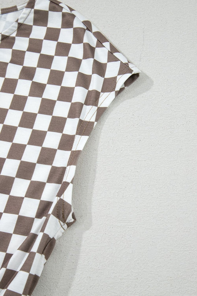 Checkered Print Crew Neck Wide Leg Jumpsuit with Buttons.