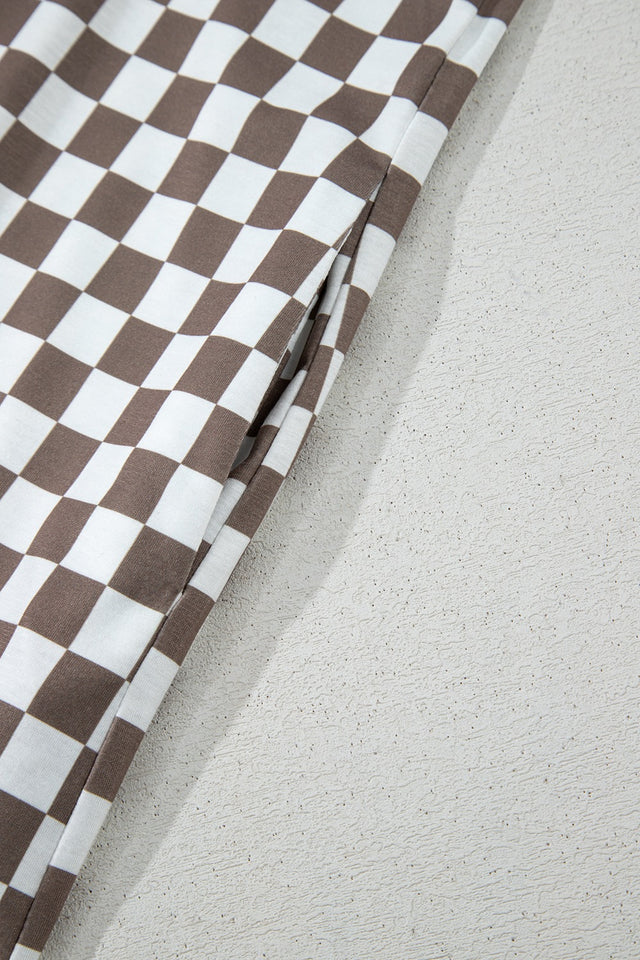 Checkered Print Crew Neck Wide Leg Jumpsuit with Buttons.