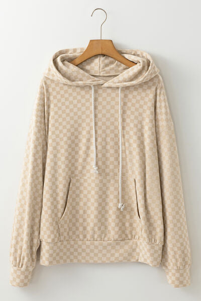 Checkered print kangaroo pocket drawstring hoodie.