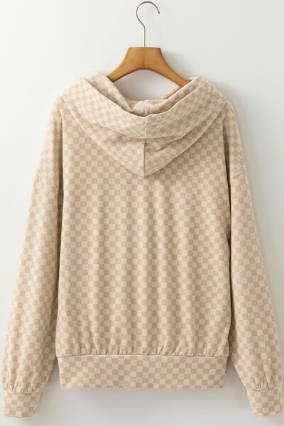 Checkered print kangaroo pocket drawstring hoodie.