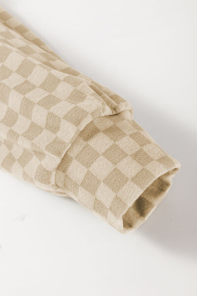 Checkered print kangaroo pocket drawstring hoodie.
