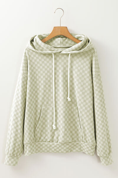 Checkered print kangaroo pocket drawstring hoodie.