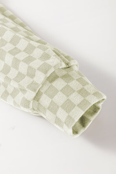 Checkered print kangaroo pocket drawstring hoodie.