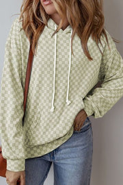 Checkered print kangaroo pocket drawstring hoodie.