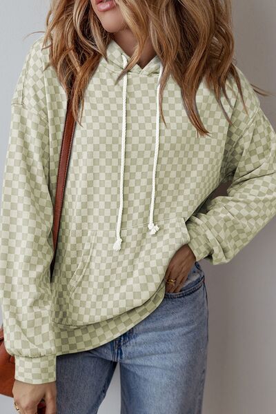 Checkered print kangaroo pocket drawstring hoodie.