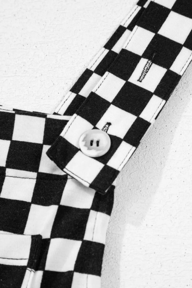 Checkered Print Pocketed Wide Leg Jumpsuit.