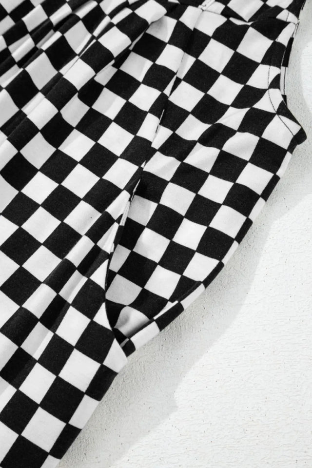 Checkered Print Pocketed Wide Leg Jumpsuit.