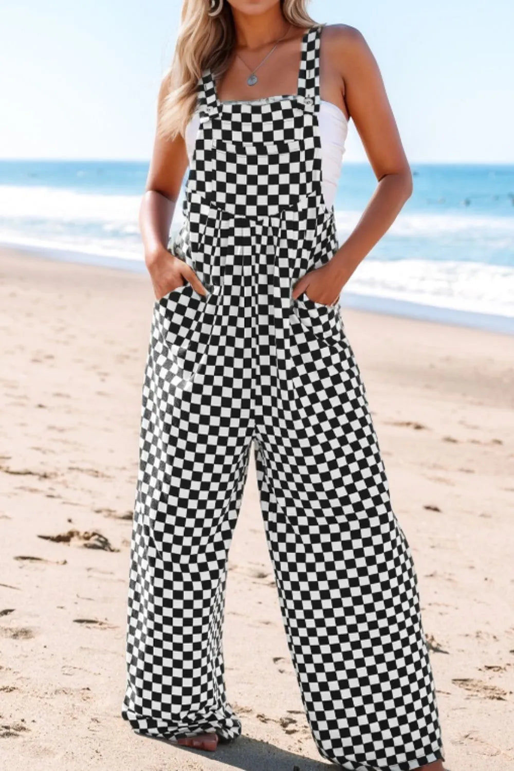Checkered Print Pocketed Wide Leg Jumpsuit.
