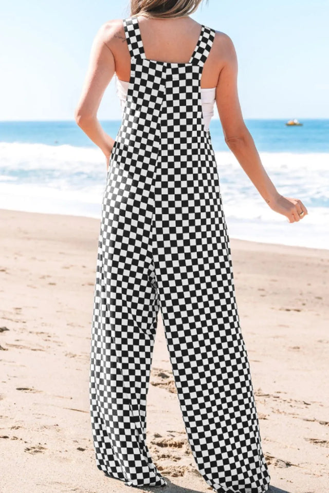 Checkered Print Pocketed Wide Leg Jumpsuit.