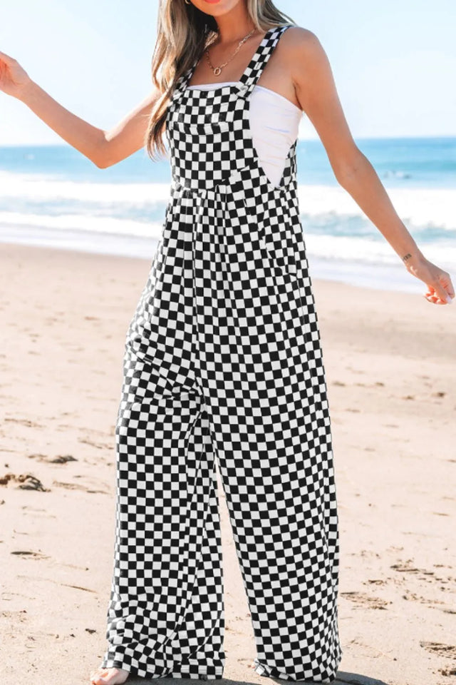 Checkered Print Pocketed Wide Leg Jumpsuit.