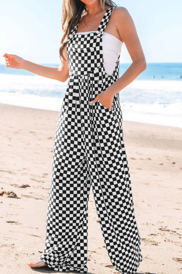 Checkered Print Pocketed Wide Leg Jumpsuit.