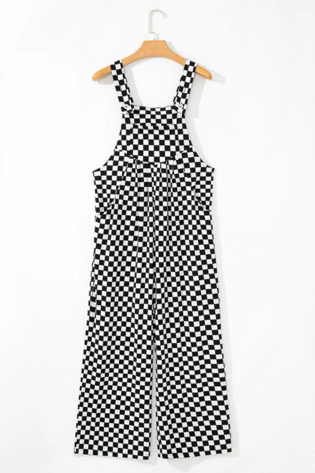 Checkered Print Pocketed Wide Leg Jumpsuit.