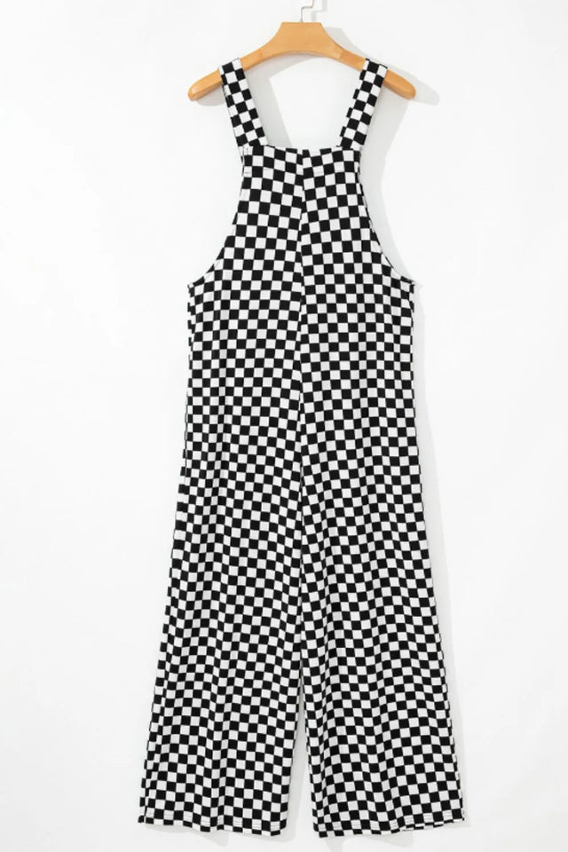 Checkered Print Pocketed Wide Leg Jumpsuit.