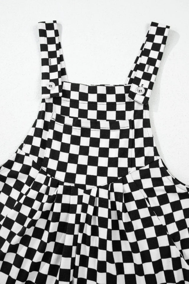 Checkered Print Pocketed Wide Leg Jumpsuit.