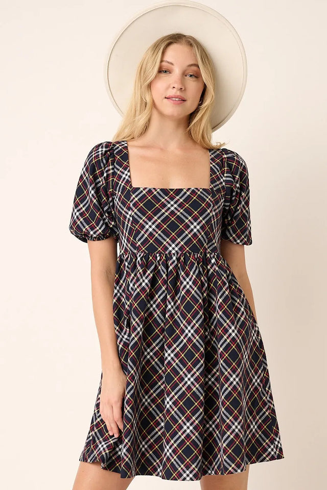 Mittoshop Checkered Print Puff Sleeve Babydoll Mini Dress.