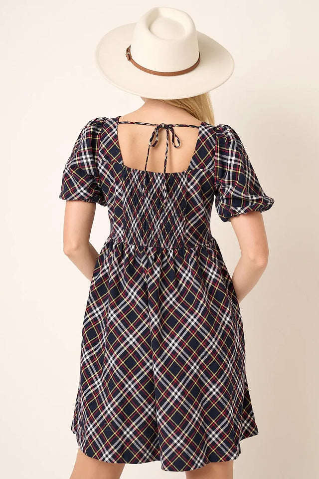 Mittoshop Checkered Print Puff Sleeve Babydoll Mini Dress.