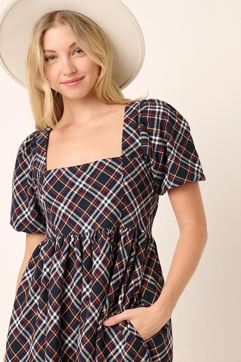 Mittoshop Checkered Print Puff Sleeve Babydoll Mini Dress.