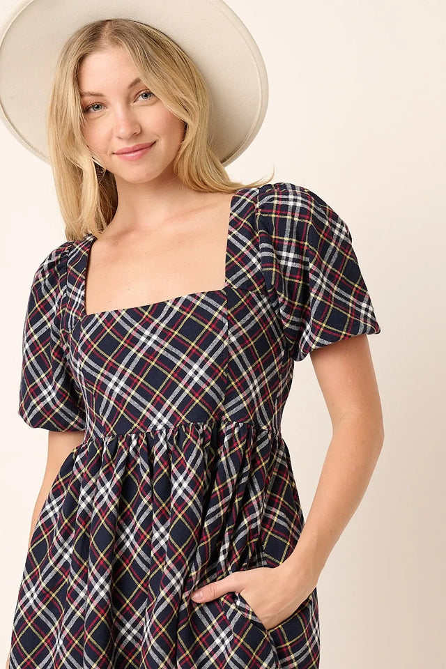 Mittoshop Checkered Print Puff Sleeve Babydoll Mini Dress.