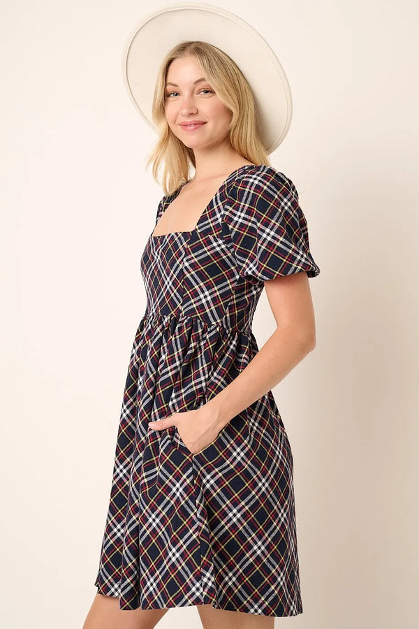 Mittoshop Checkered Print Puff Sleeve Babydoll Mini Dress.