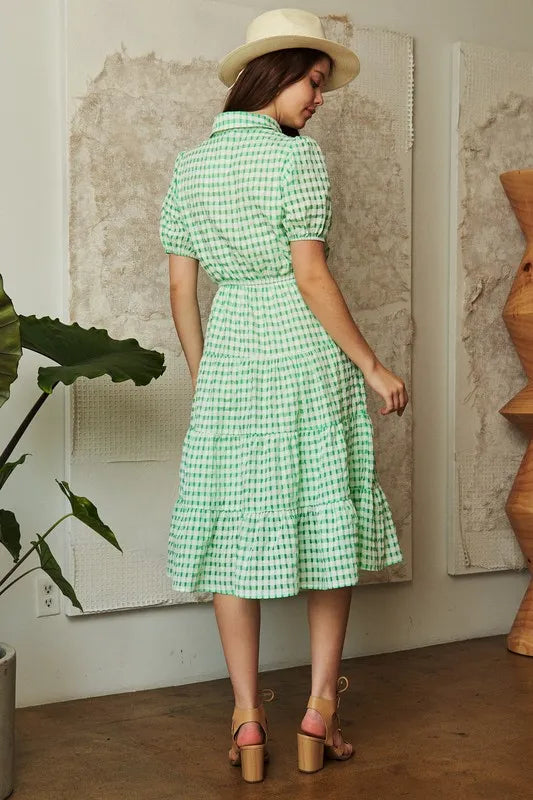 Checkered Puff Sleeve Tiered Shirt Dress - Smocked.