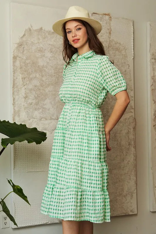 Checkered Puff Sleeve Tiered Shirt Dress - Smocked.