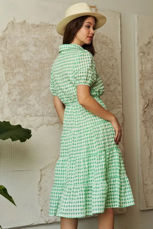 Checkered Puff Sleeve Tiered Shirt Dress - Smocked.