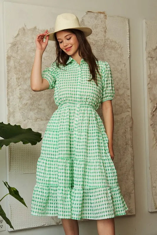 Checkered Puff Sleeve Tiered Shirt Dress - Smocked.
