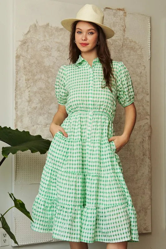 Checkered Puff Sleeve Tiered Shirt Dress - Smocked.