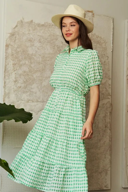 Checkered Puff Sleeve Tiered Shirt Dress - Smocked.