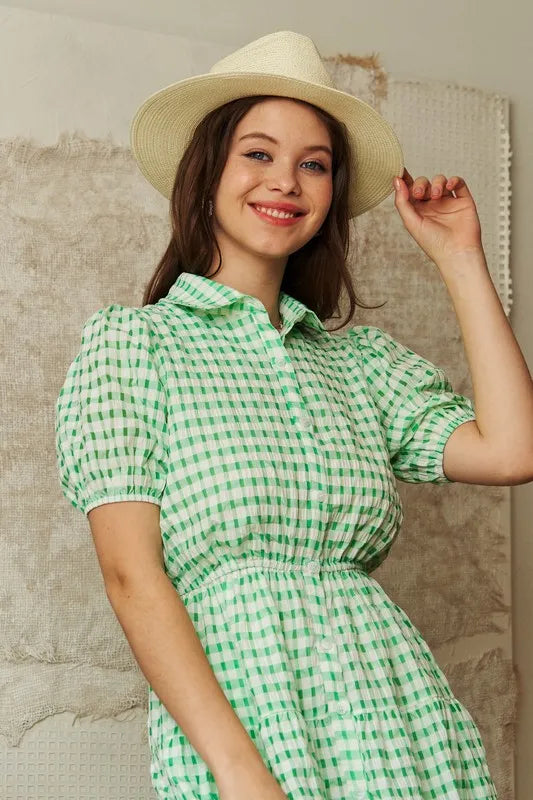 Checkered Puff Sleeve Tiered Shirt Dress - Smocked.