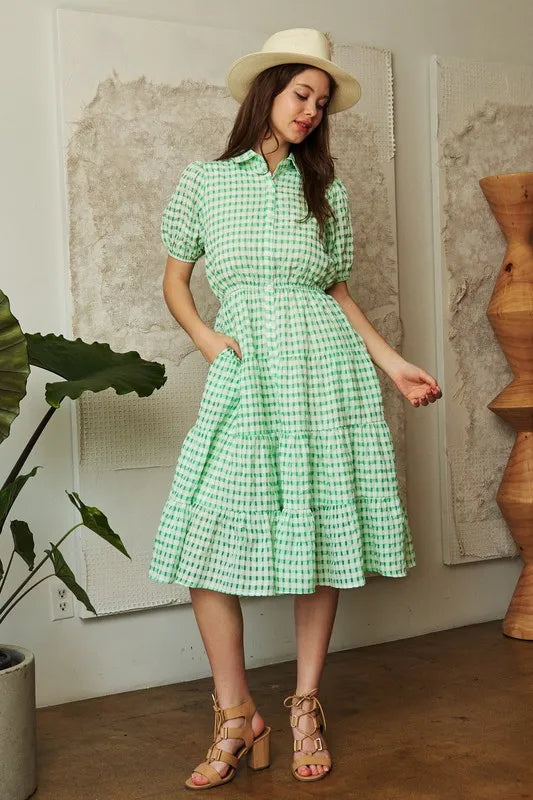 Checkered Puff Sleeve Tiered Shirt Dress - Smocked.