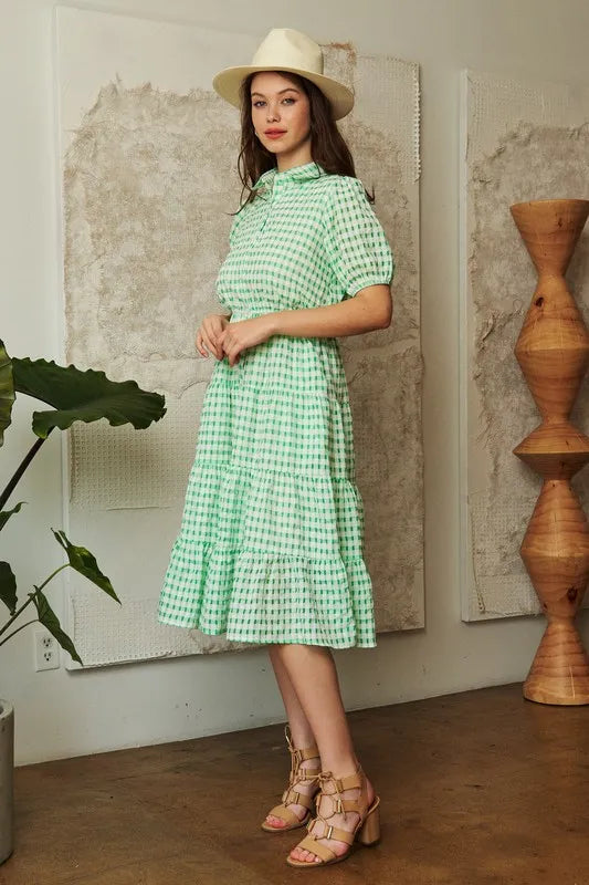 Checkered Puff Sleeve Tiered Shirt Dress - Smocked.